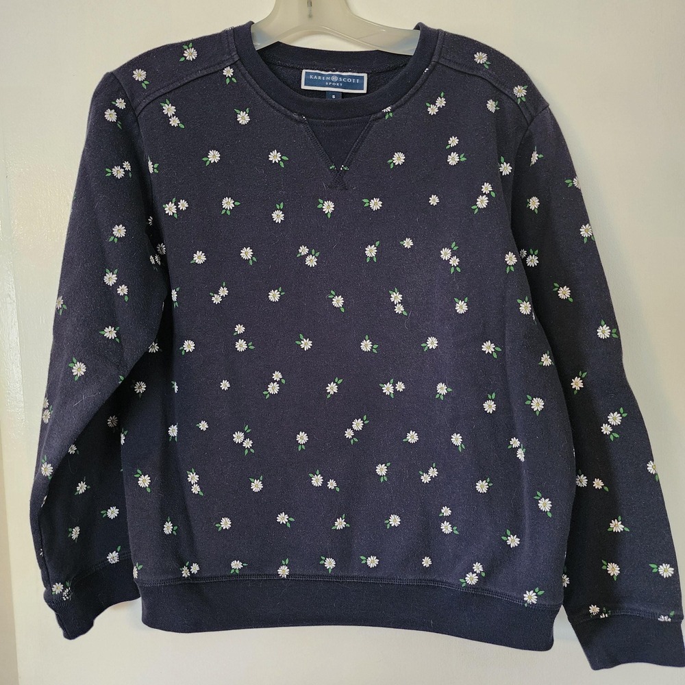 S Navy Blue Sweatshirt with Mini Floral Design by Karen Scott